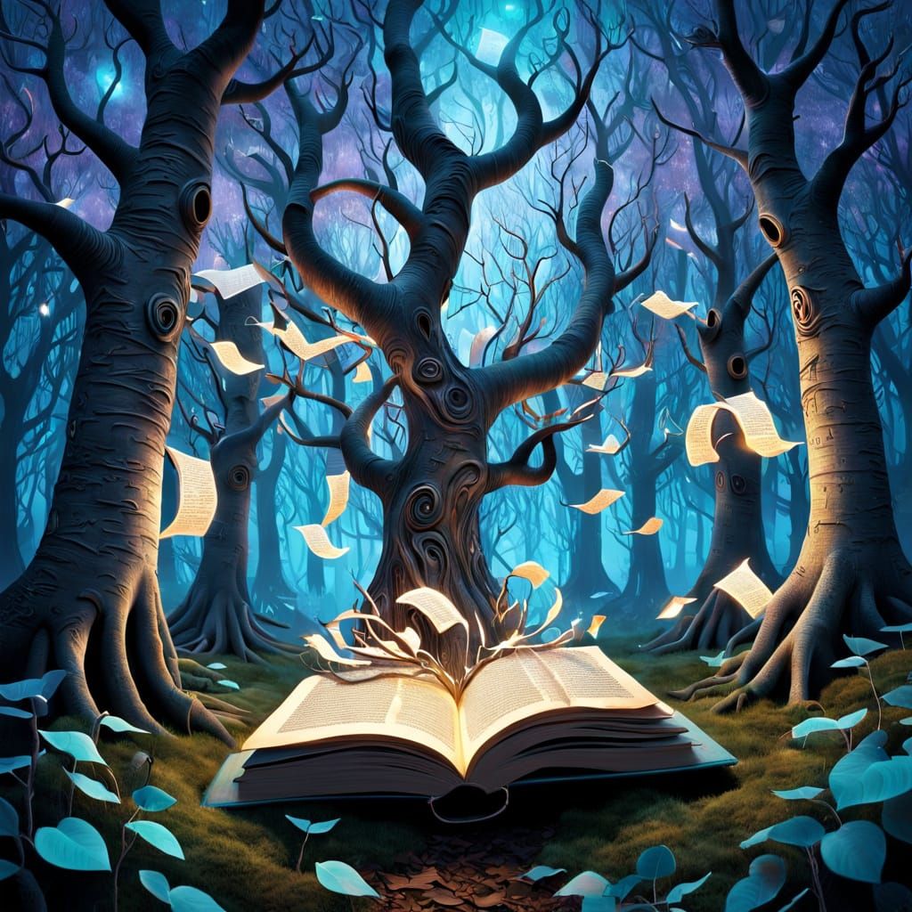 Enchanted Forest with Trees of Pages in Painterly Style