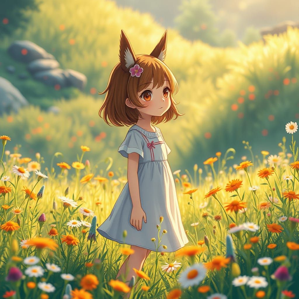 Whimsical Anime Girl in a Vibrant Meadow