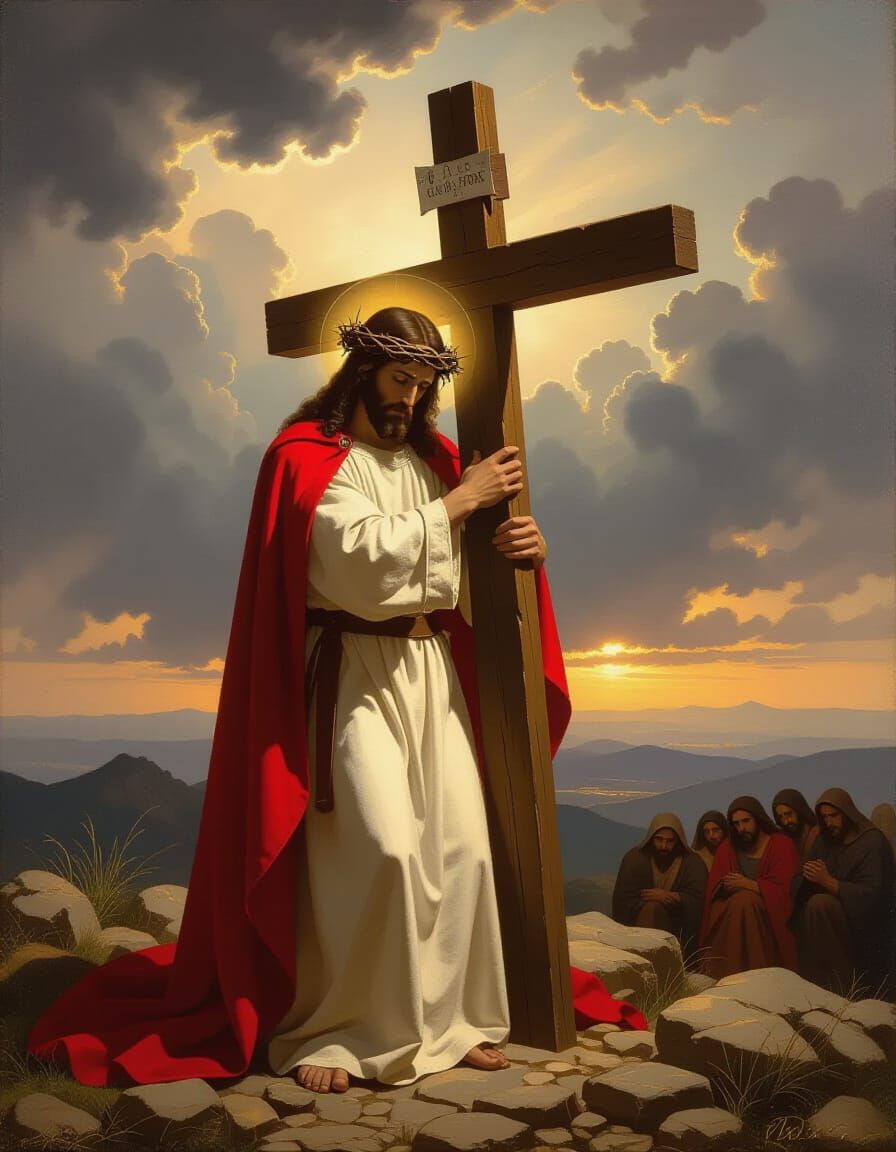 Devotional Christian Painting of Figure Bearing Cross