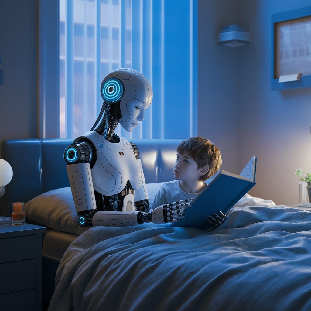 Futuristic Robot Mother Reads to Child in Cinematic Bedroom ...