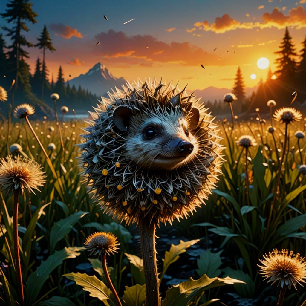 Surreal Sunset Dandelion Scene with Hedgehog