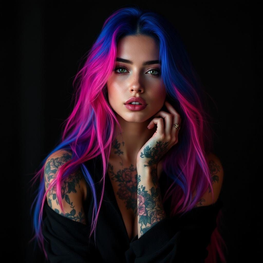 A vibrant stylized portrait of a young woman with striking l...