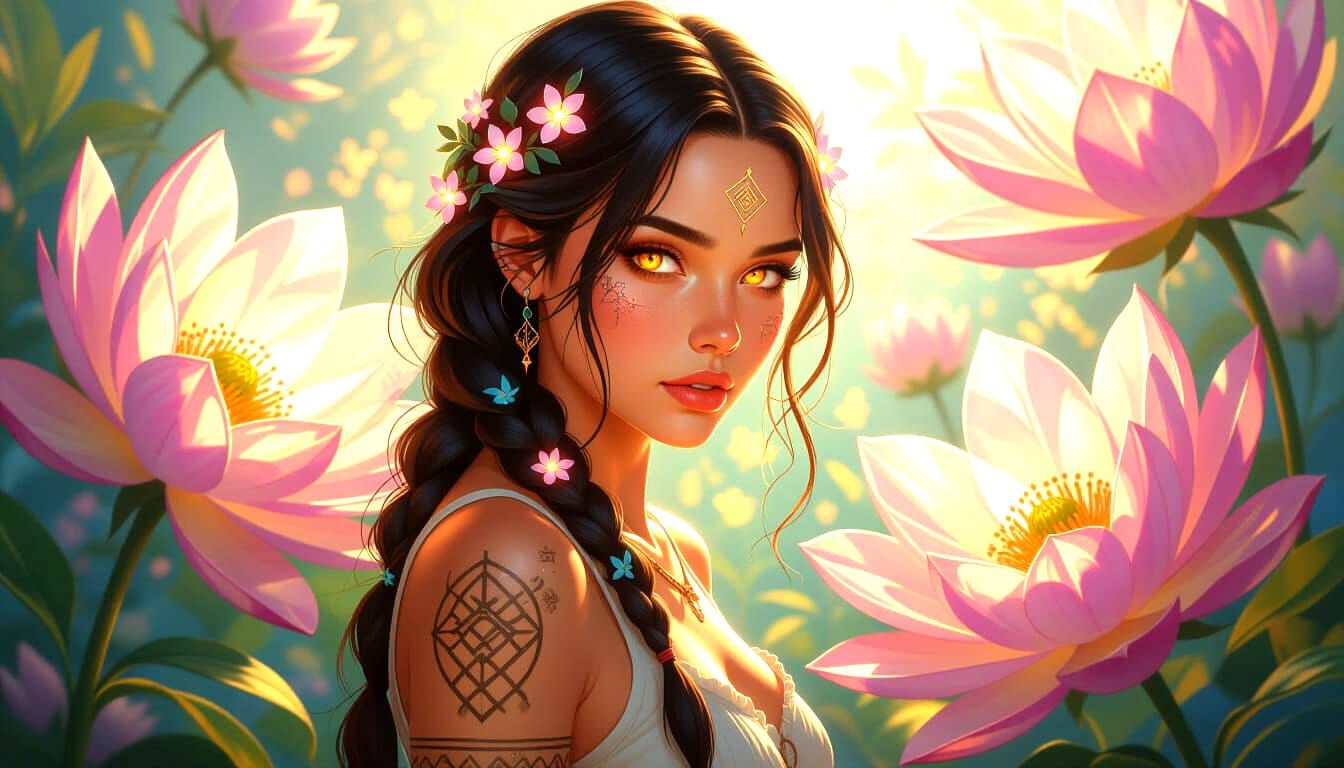 Woman with Glowing Flowers Amidst Crystal Blooms