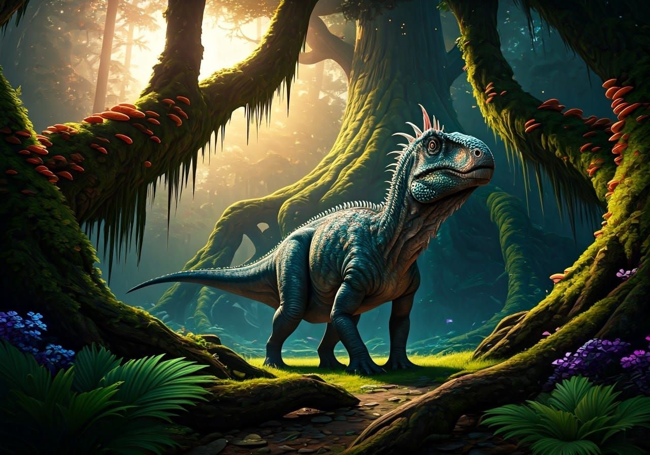 Ethereal Iguanodon in Vibrant, Mystical Forest