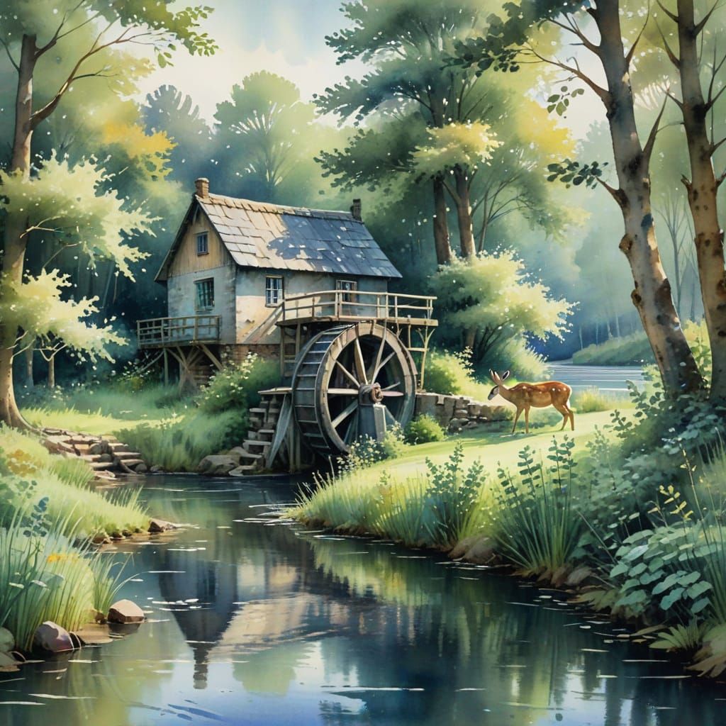 Rural Water Wheel Serenity in Impressionist Watercolor