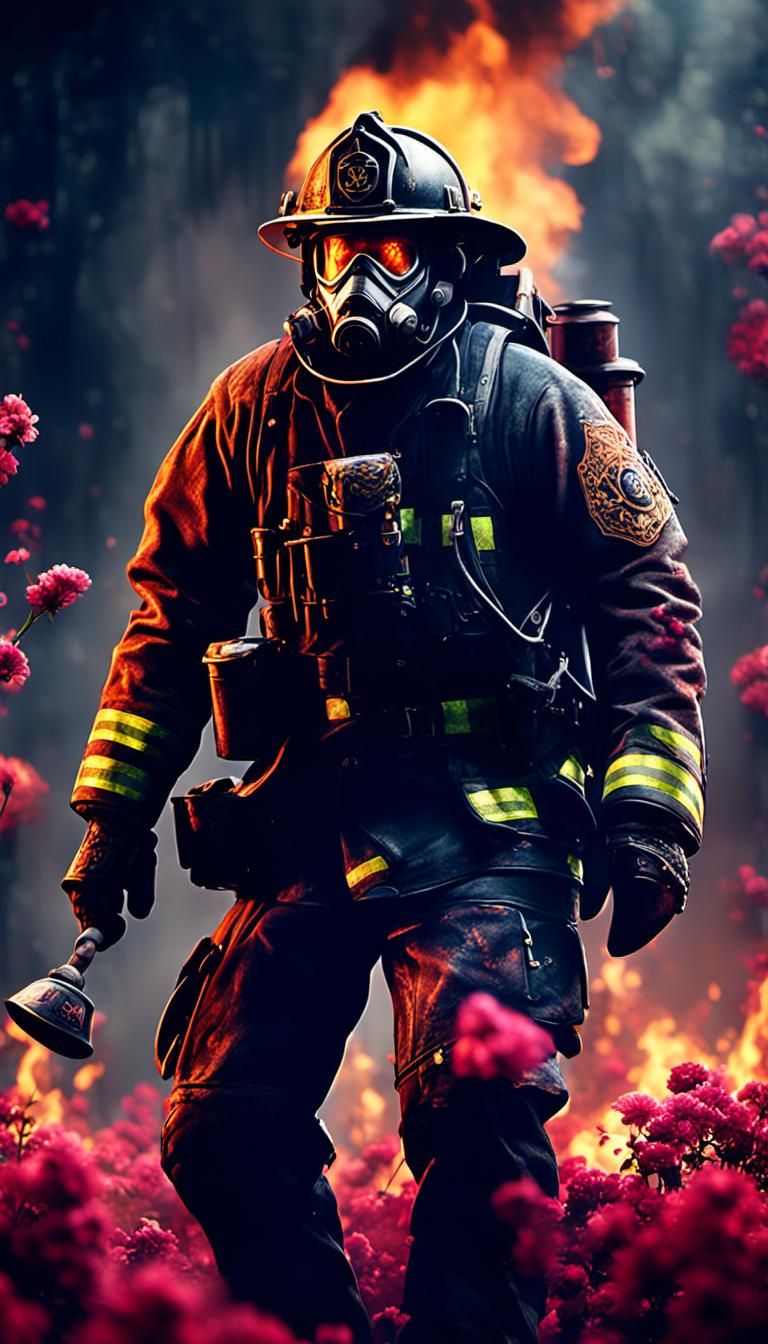 Fiery Fireman Wrapped in Flowers: Fantasy Concept Art