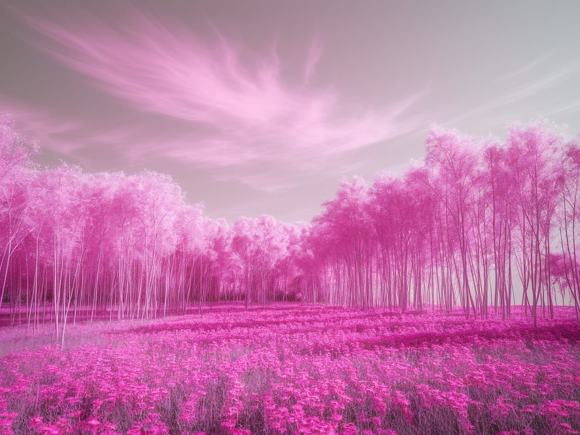 Dreamy Pink Flower Field and Forest Landscape