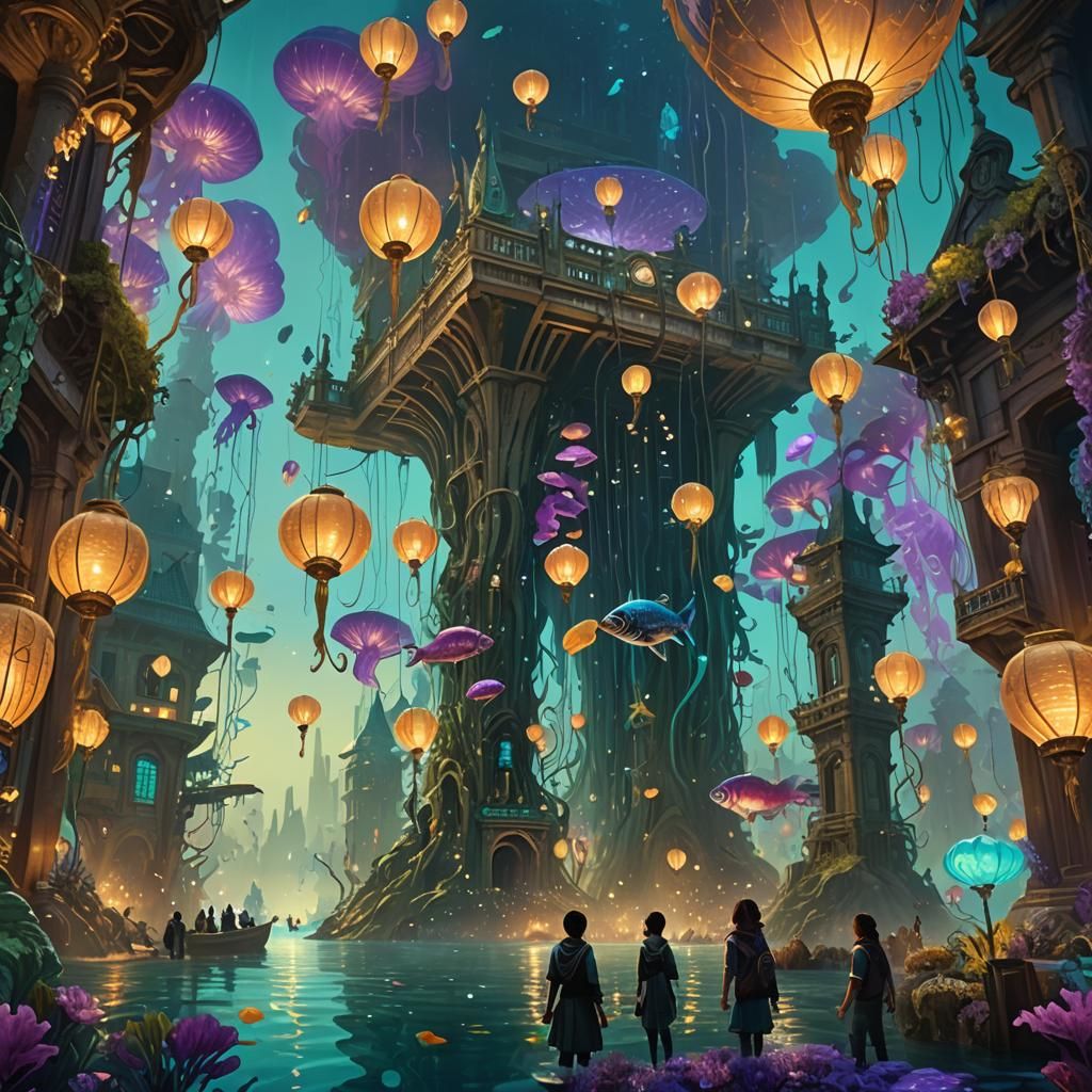 Fish People in Bioluminescent Underwater City