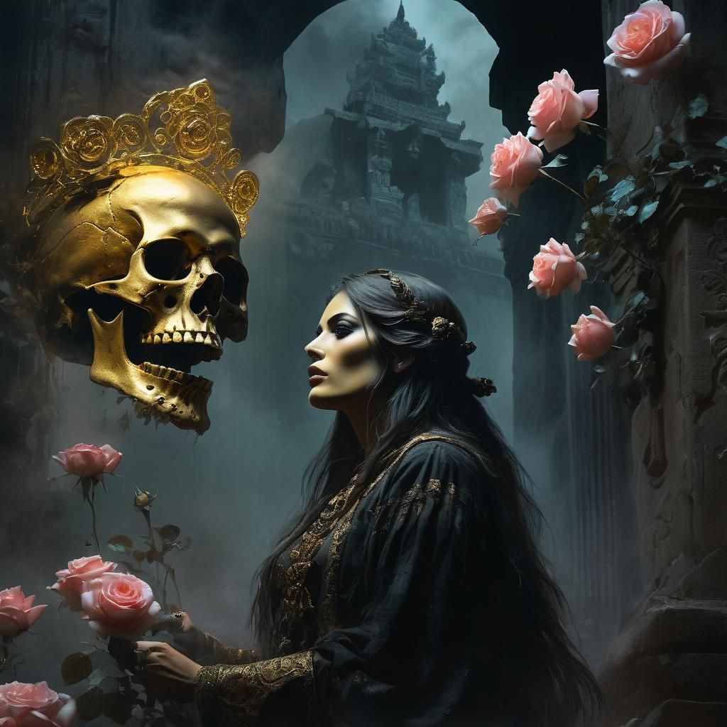 Peasant Girl and Golden Skull in Dark Fantasy Style