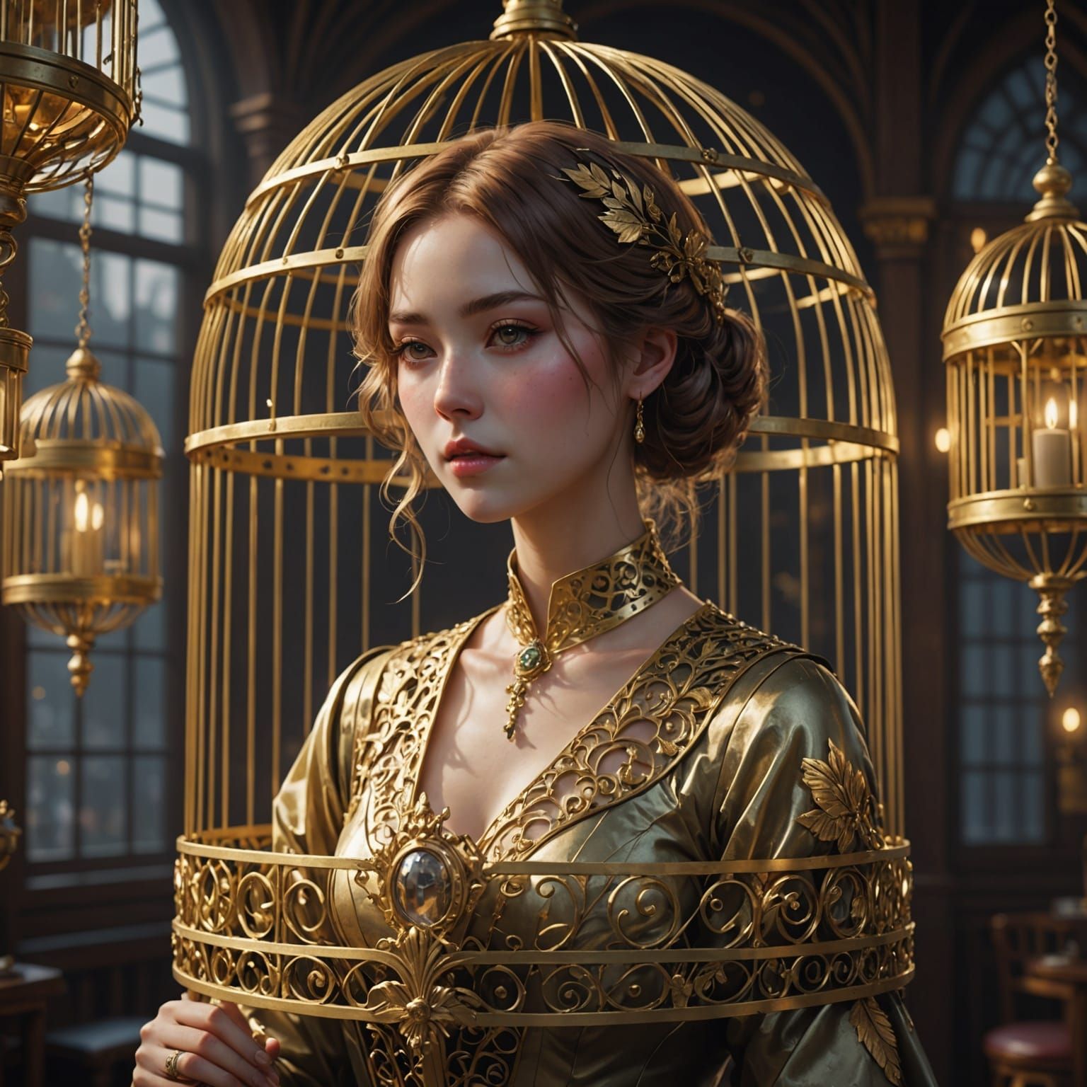 Woman Trapped in a Detailed Golden Birdcage