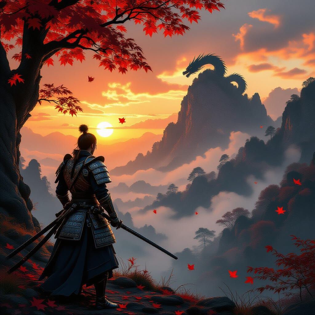 Samurai Warrior at Autumn Forest Edge with Dragon Peak