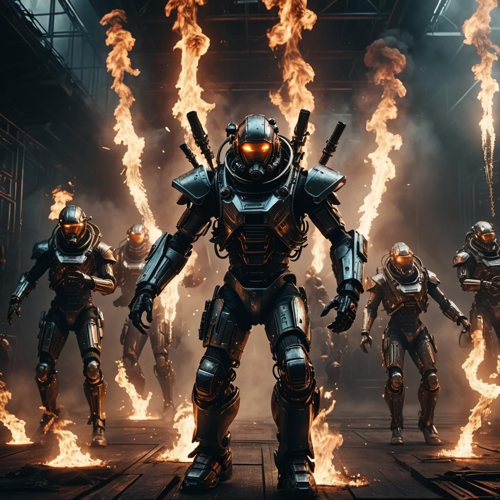 Biomechanical Astronauts Perform Epic Fire Show in Cyberpunk...