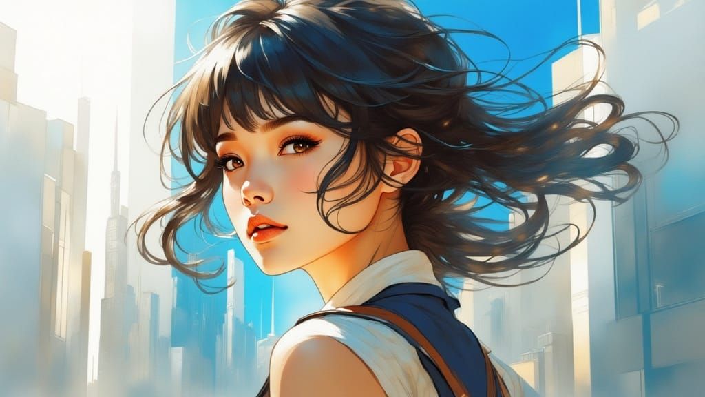 Anime Style Portrait of a Windswept Schoolgirl