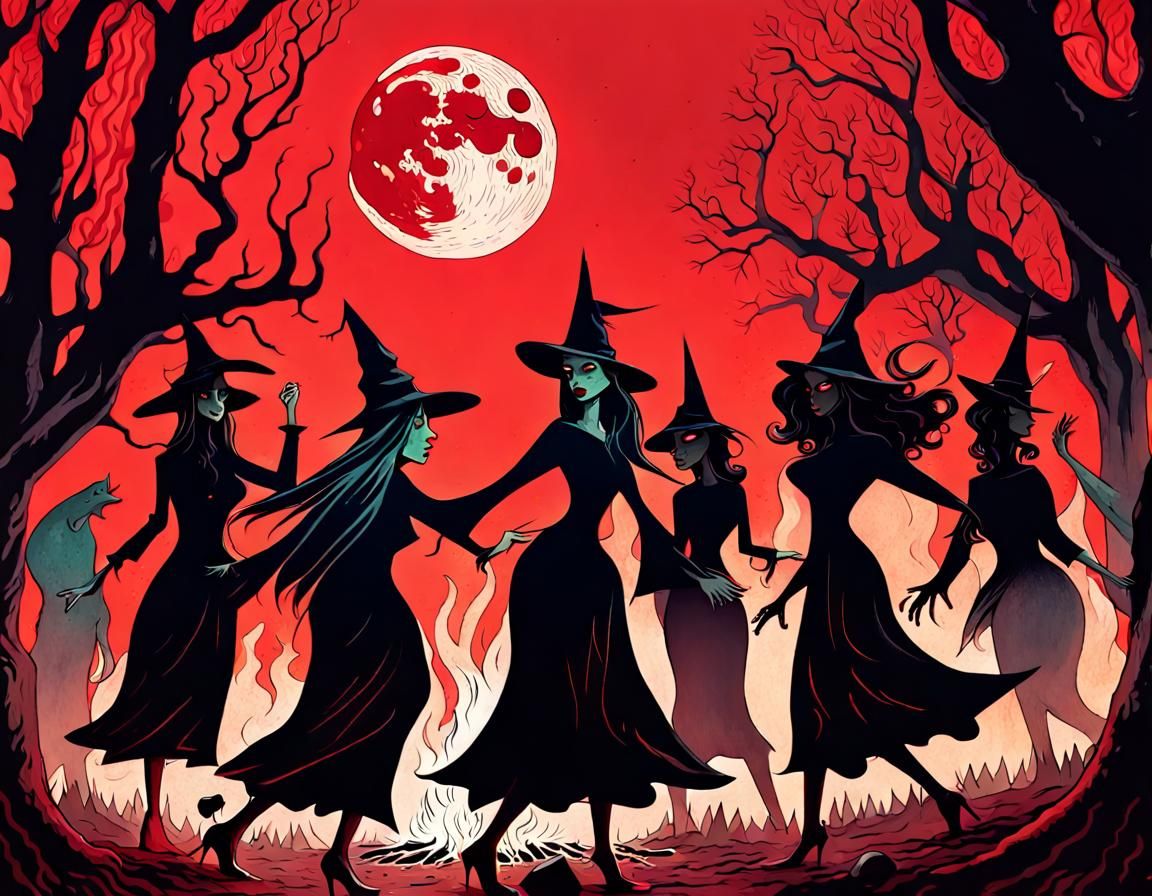 Witch Coven Dance Under Blood Moon, Maximalist Art