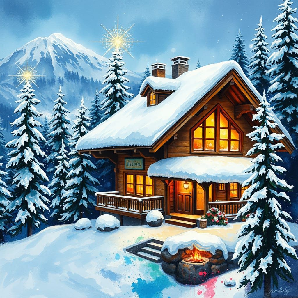 Cozy Chalet in Winter Landscape, Alcohol Ink Style