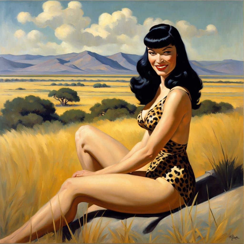 Bettie Page in a Desert Clearing: Post-Impressionistic Oil P...