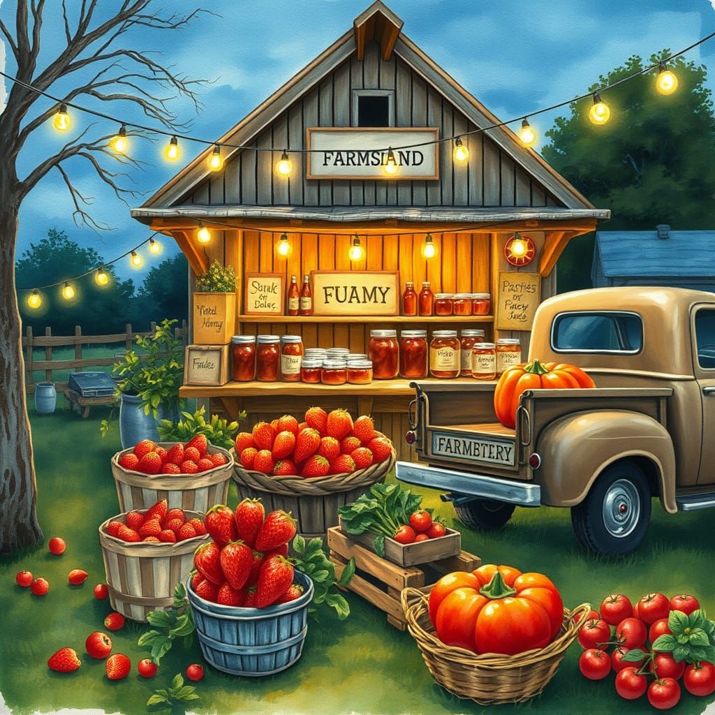 Charming Farmstand at Dusk in Watercolor Style