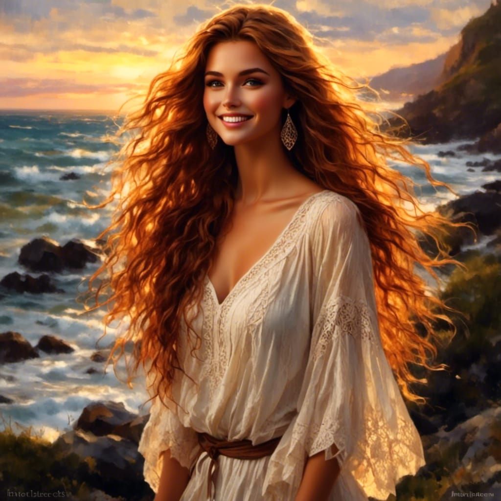 Irish Sunset: Young Woman in Watercolor Vignette