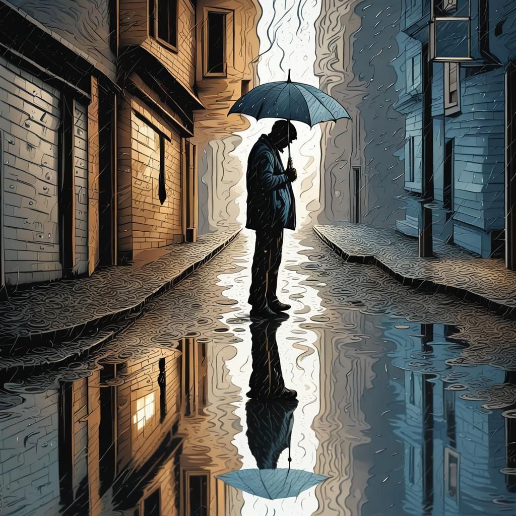 Crying Man's Reflection in Rainy Alley