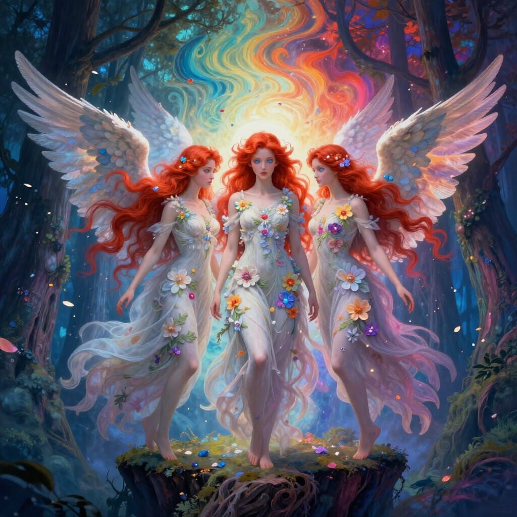 Ethereal Angels Amidst Celestial Flowers