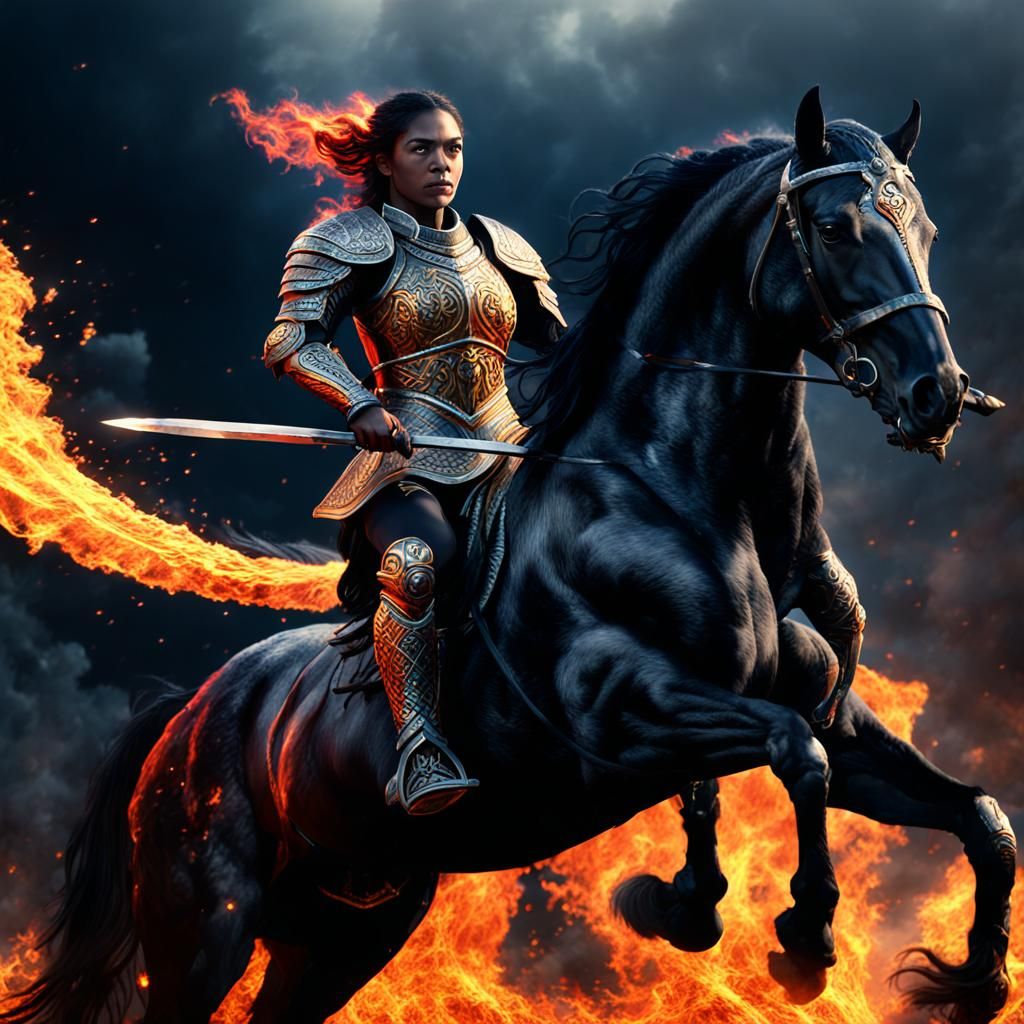 Fiery Female Warrior on a Black Stallion