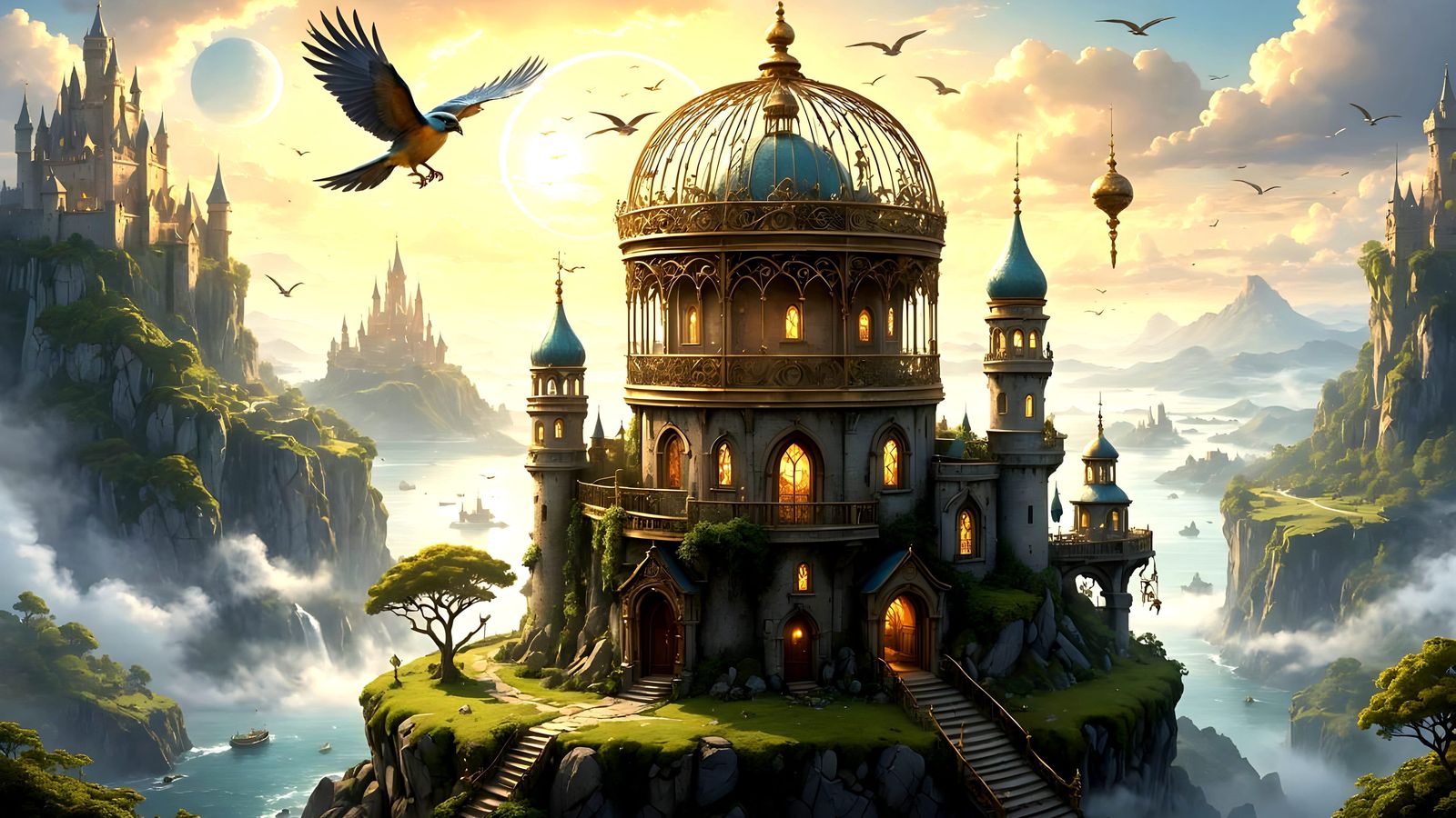 Golden Birdcage Holds Castle in Misty Fantasy Landscape