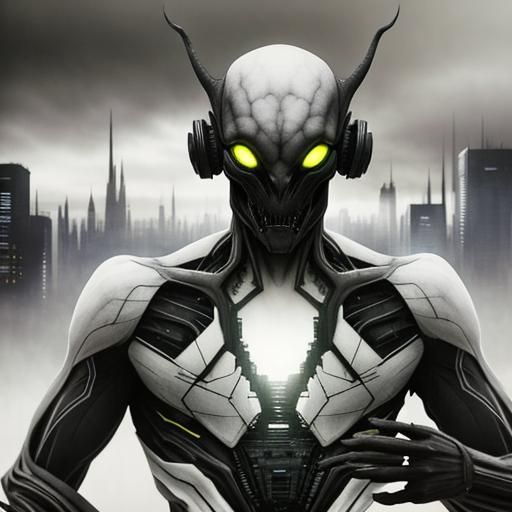 Alien Creature in Dystopian Cityscape Double Exposure