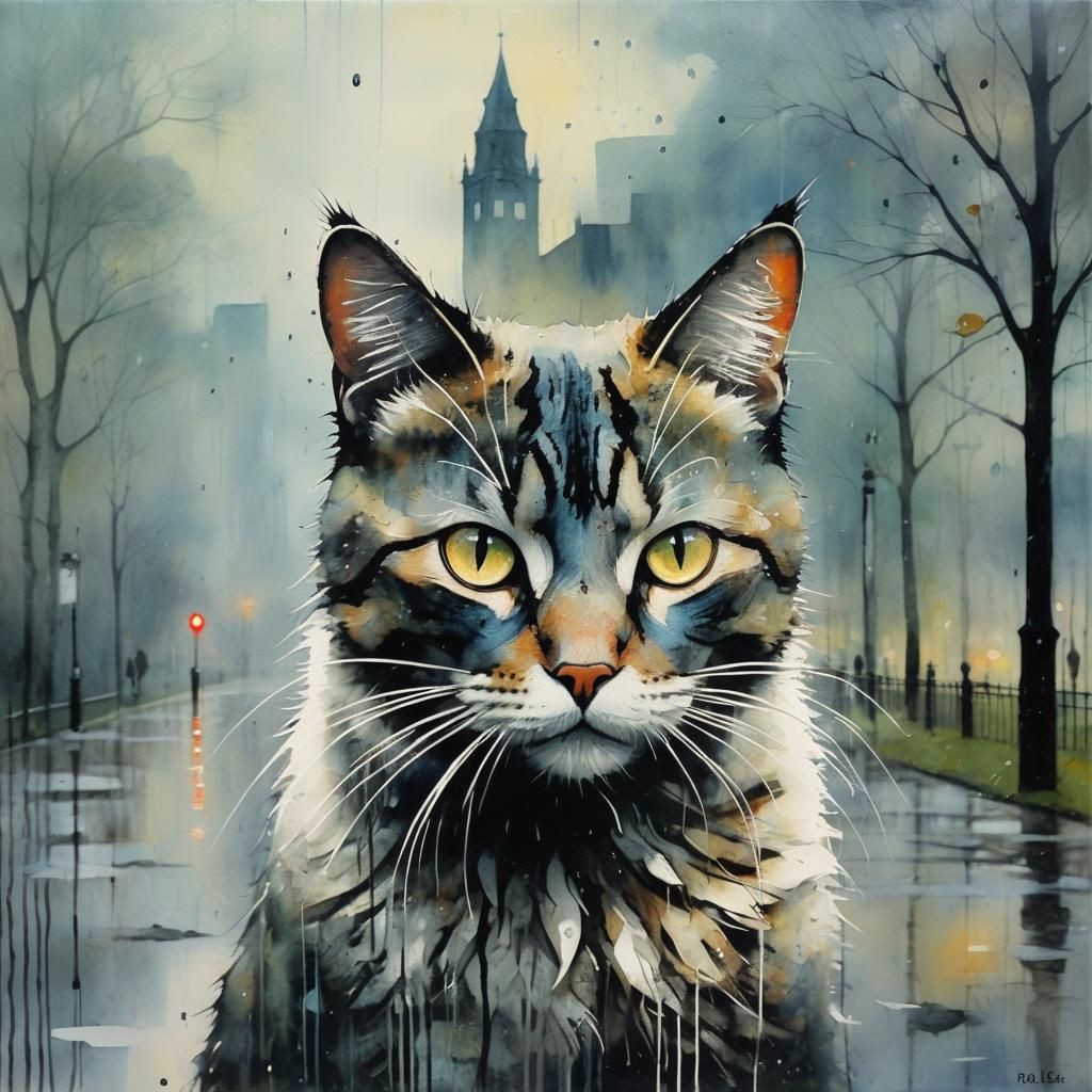 Misty Park Cat: Encaustic Painting in Rain