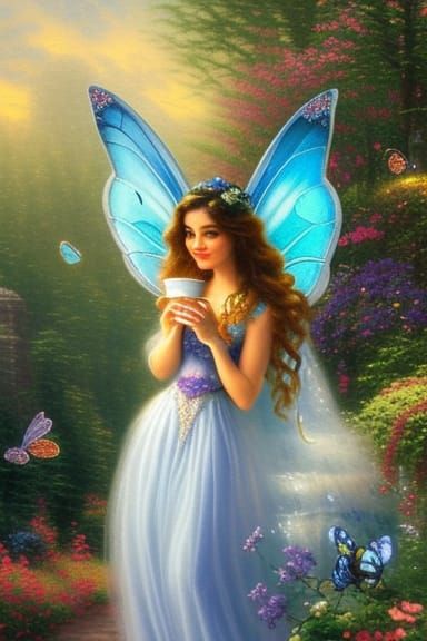 Blue Coffee Fairy in Ethereal Style