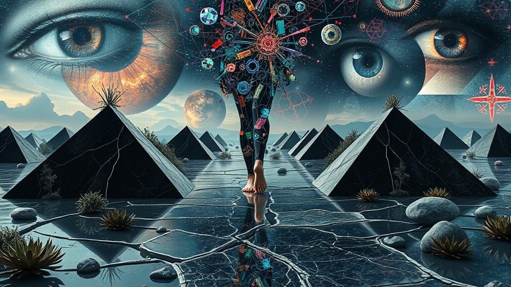 Surreal Collage Art of Mystical Woman with Tool Body and Pyr...