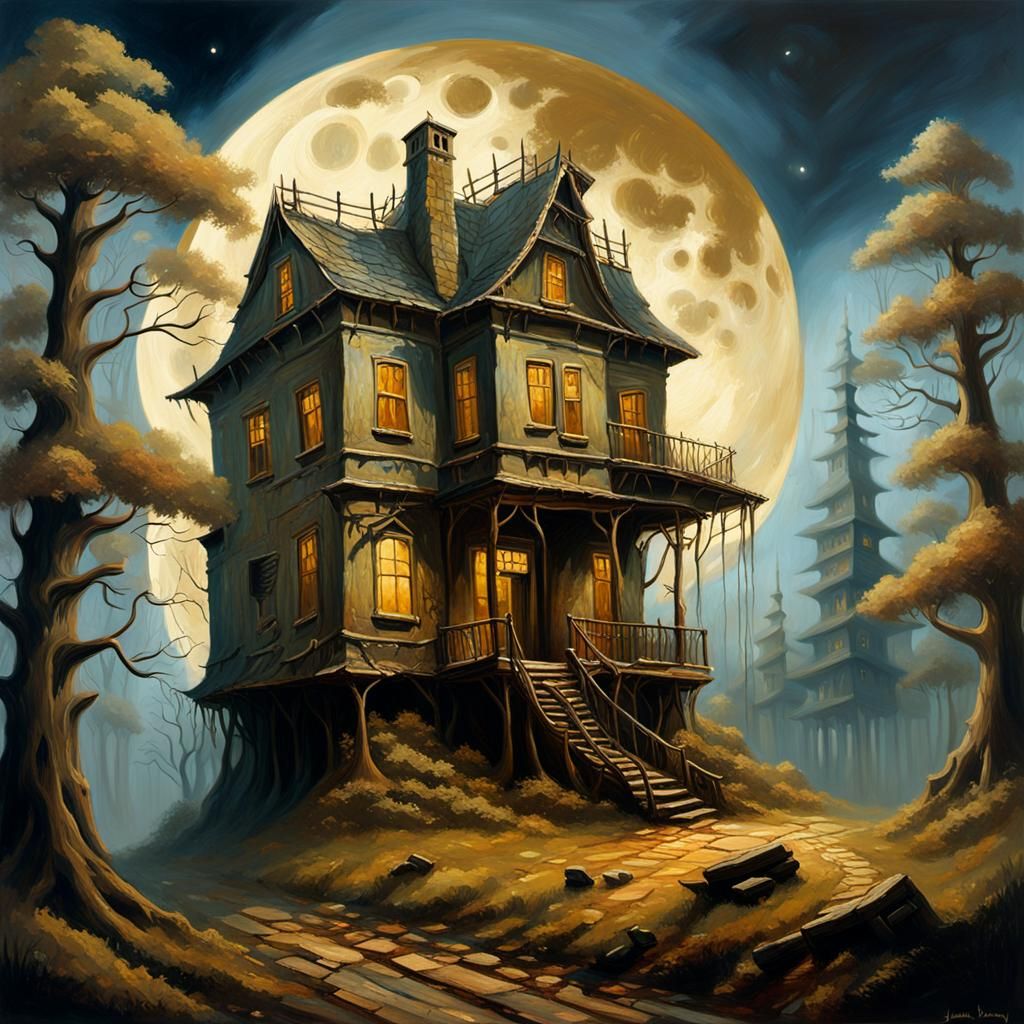 Eerie Old House in Forest, Impressionist Oil Painting