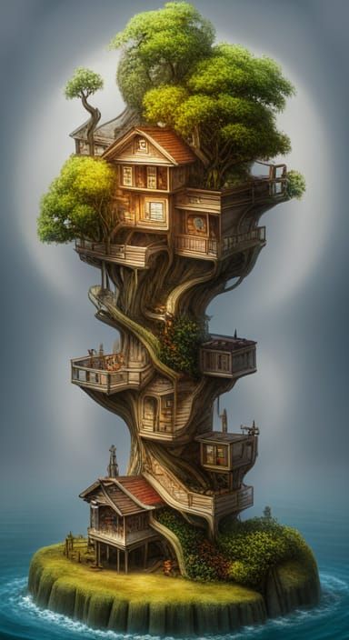 Escher-esque Translucent Tree Home in Hyperreal Detail