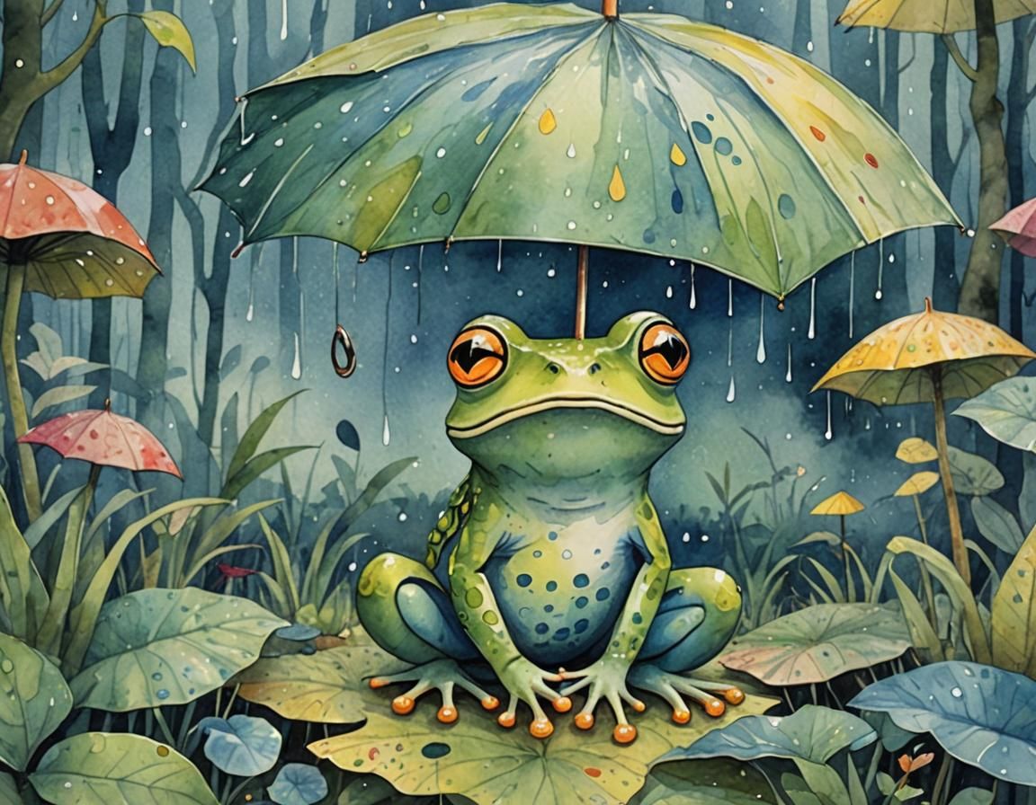 Frog in Rainy Forest: Whimsical Watercolor Illustration