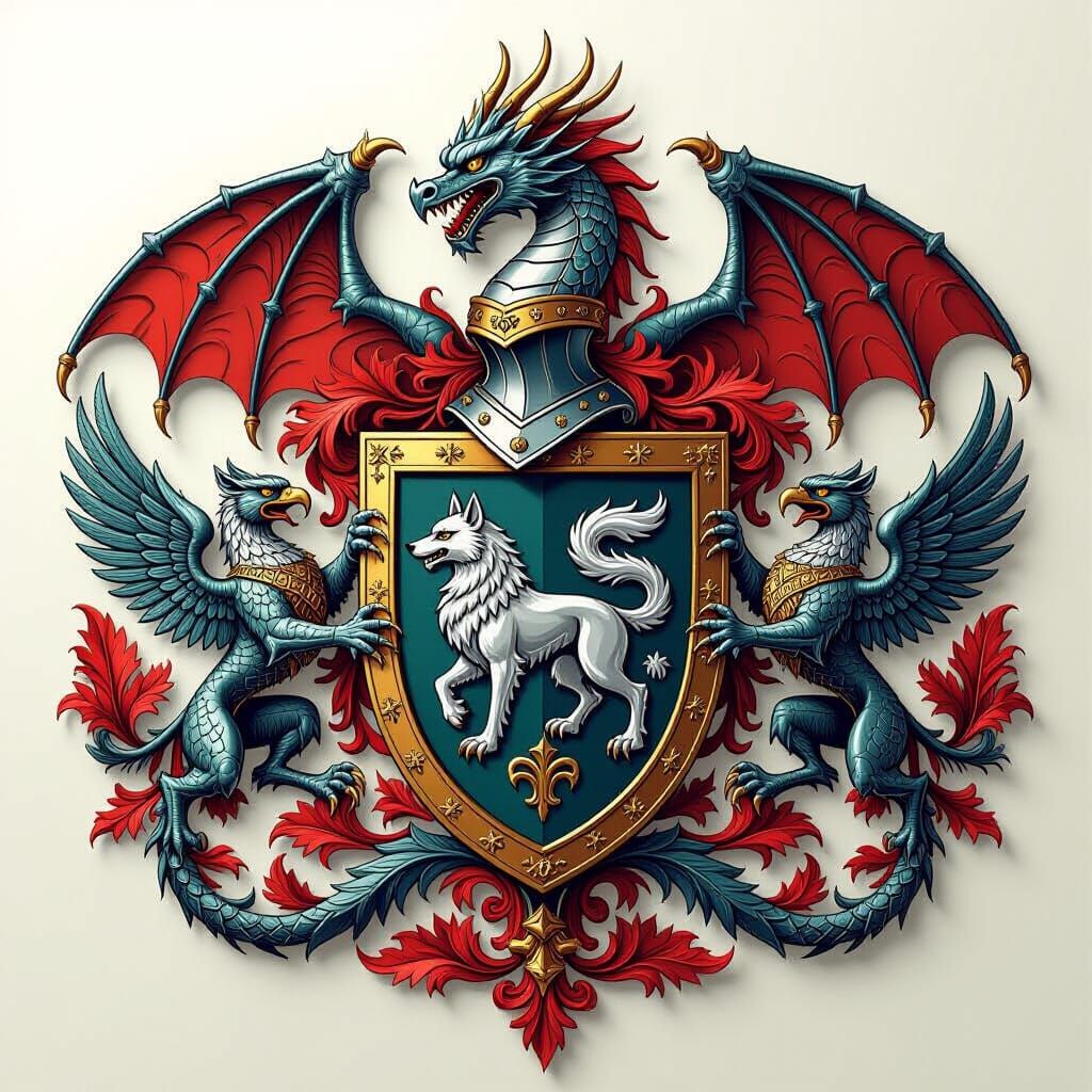 Majestic Heraldic Coat of Arms with Dragon and Wolf