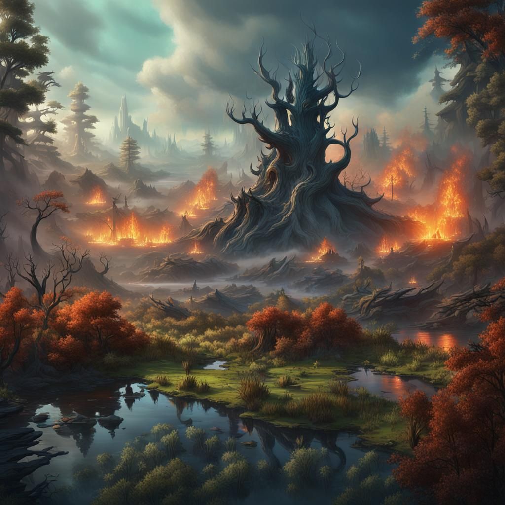 Wildfire in a Fantastical Swamp Landscape