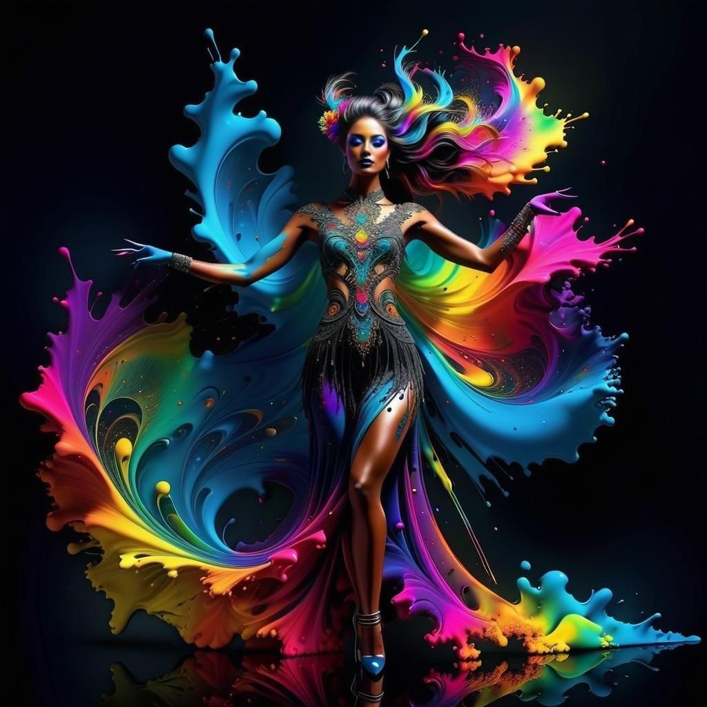 Joyful Ink Splatter with Neon Eye, Fractal Details