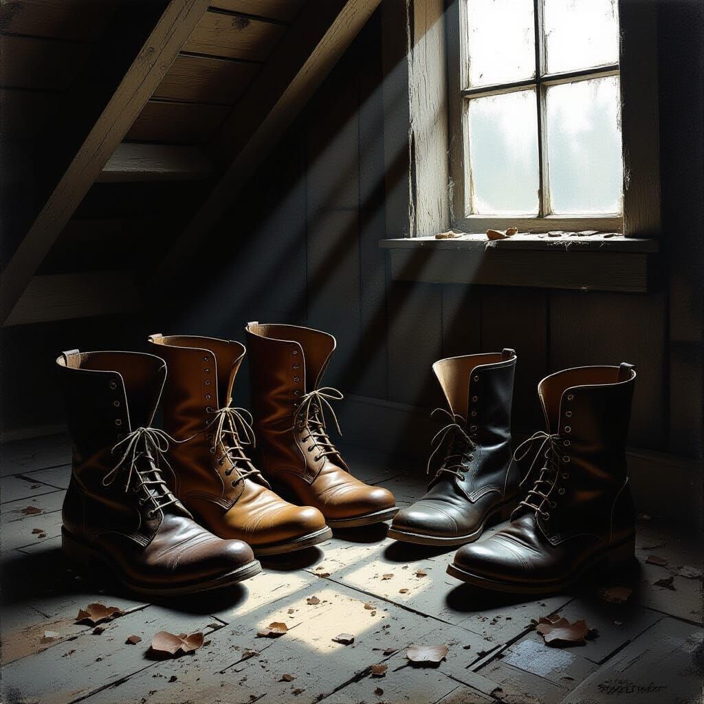 Worn Shoes Converse on Dusty Attic Floor in Dim Light