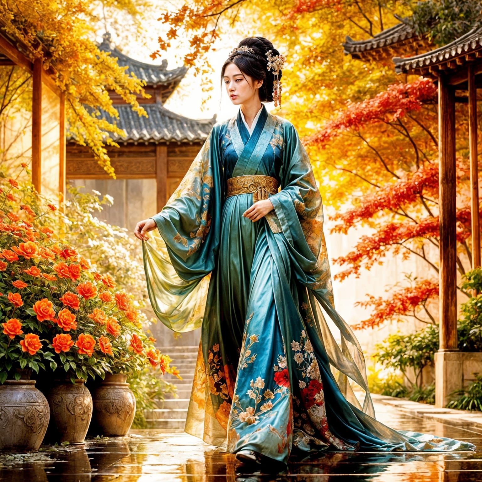 Empress and Princess in Palace Garden Oil Painting