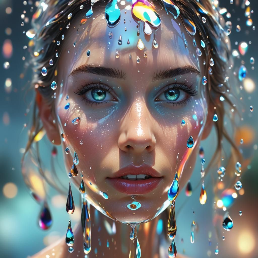 Reflective Water Droplet with Women's Faces in Neo-Impressio...