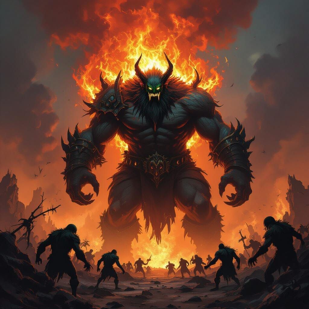 Fire Giant Battles Shadowy Monsters in Dark Fantasy Style