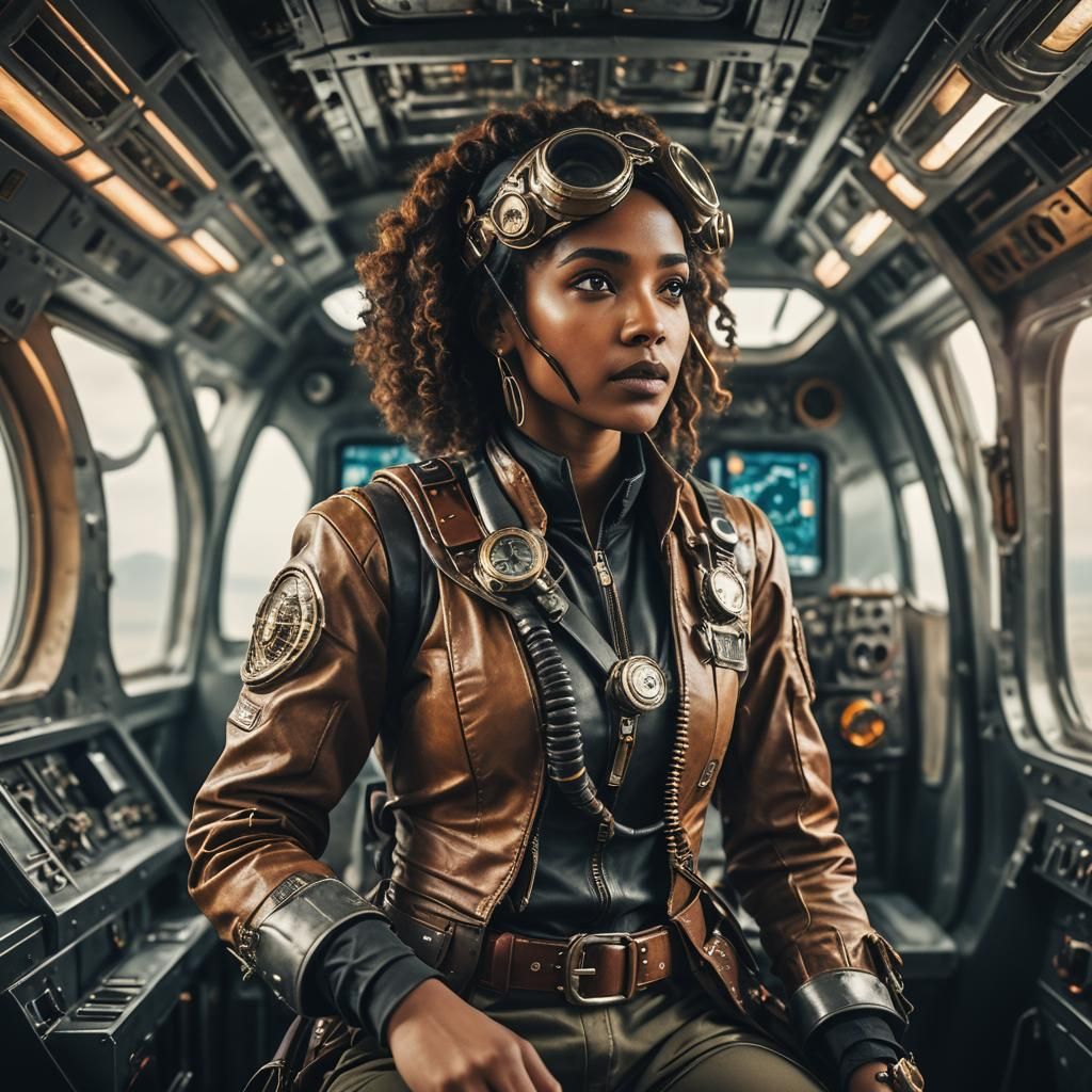 Steampunk Pilot in Futuristic Plane