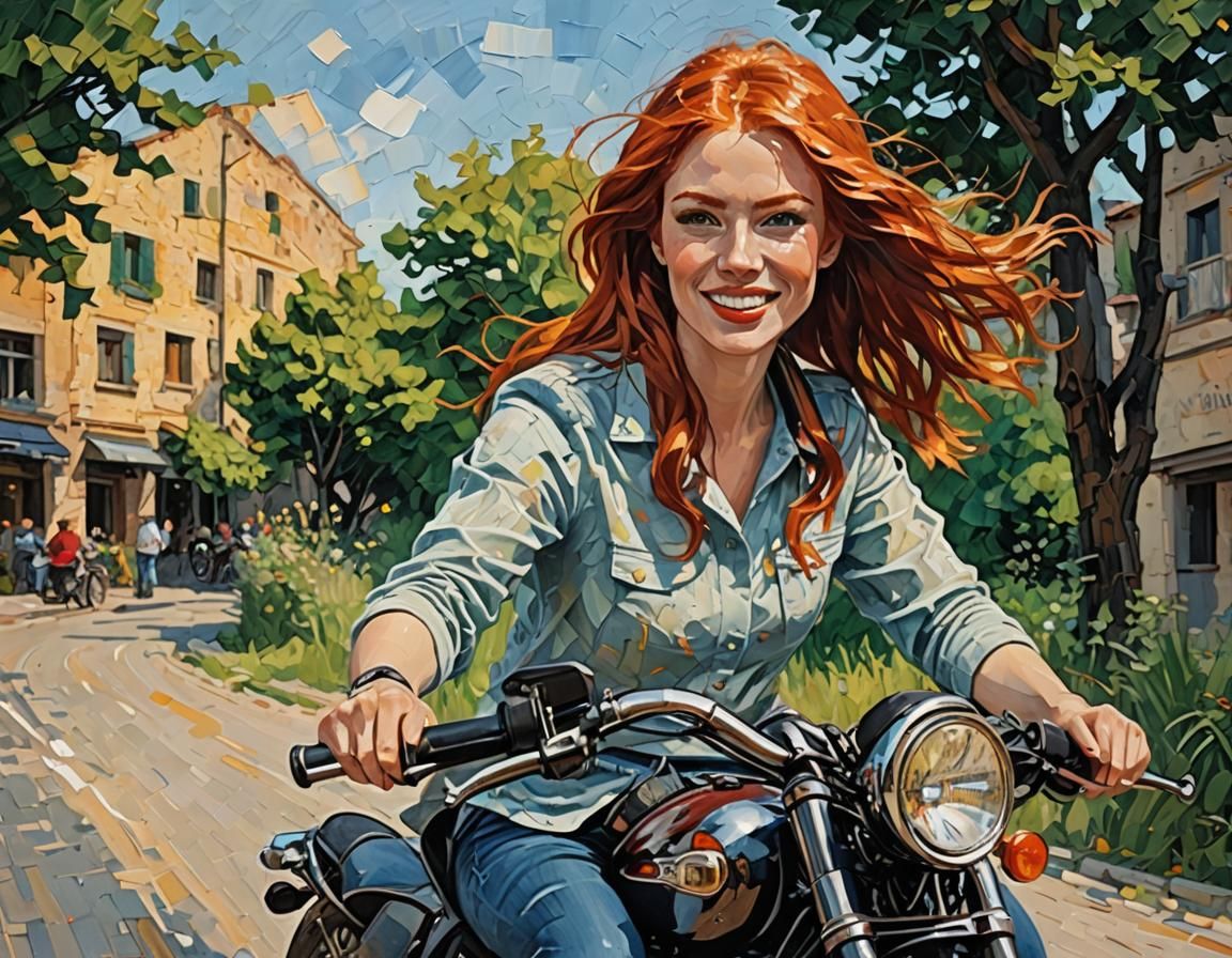Redhead Rides Motorcycle: Impasto Acrylic Painting