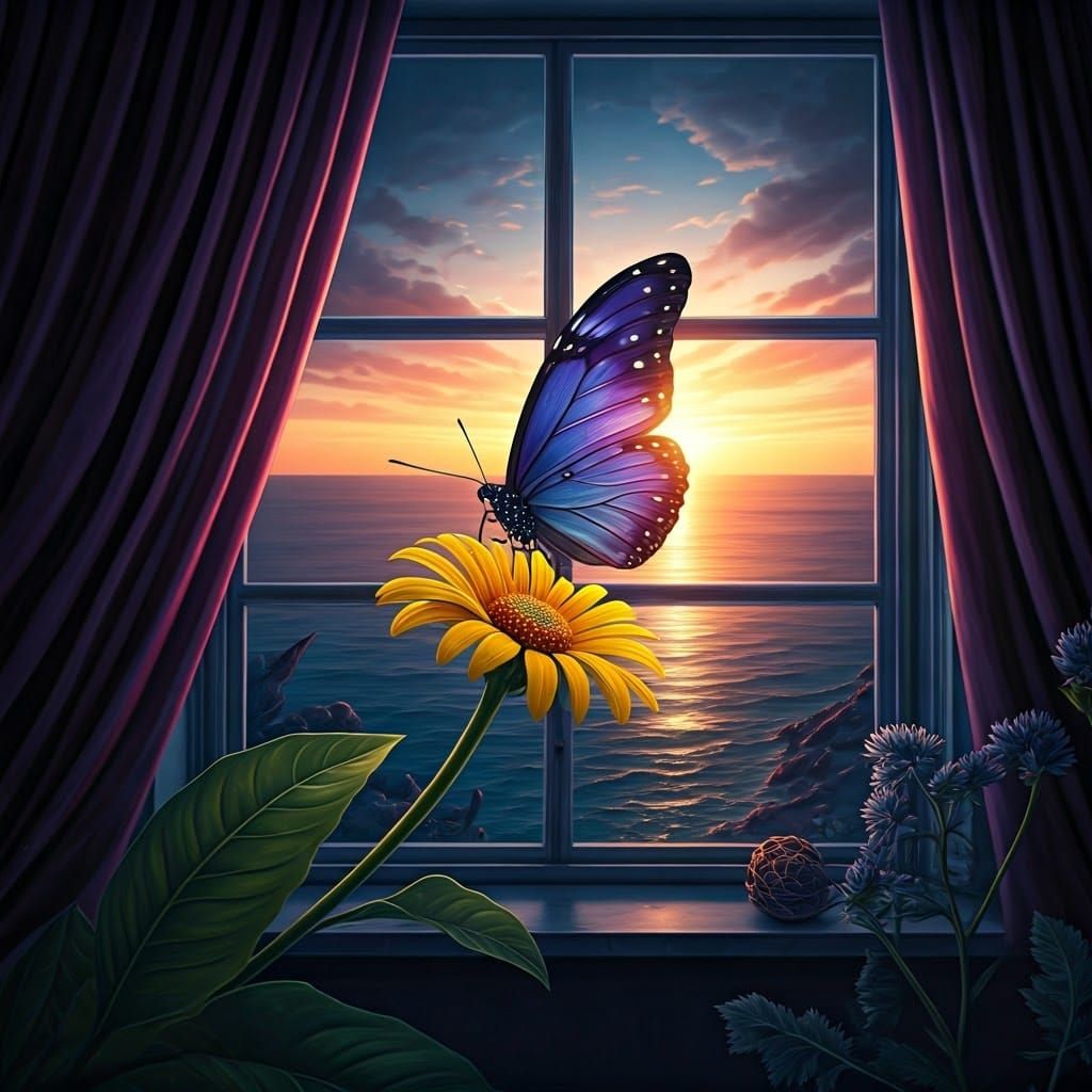 Purple Butterfly on Flower at Sunset, Detailed Painting