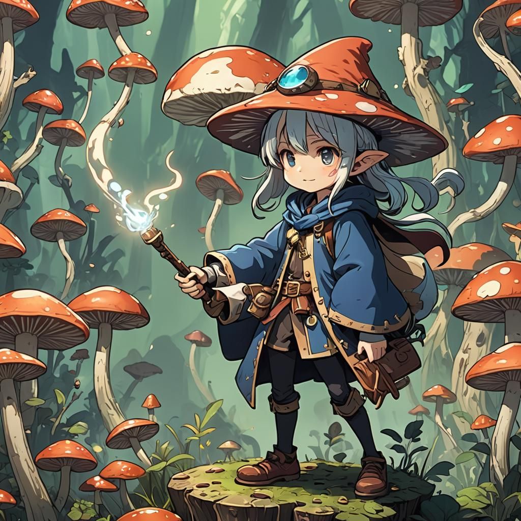Mushroom Mage Crafts Mushroom: Anime Cel-Shaded Art