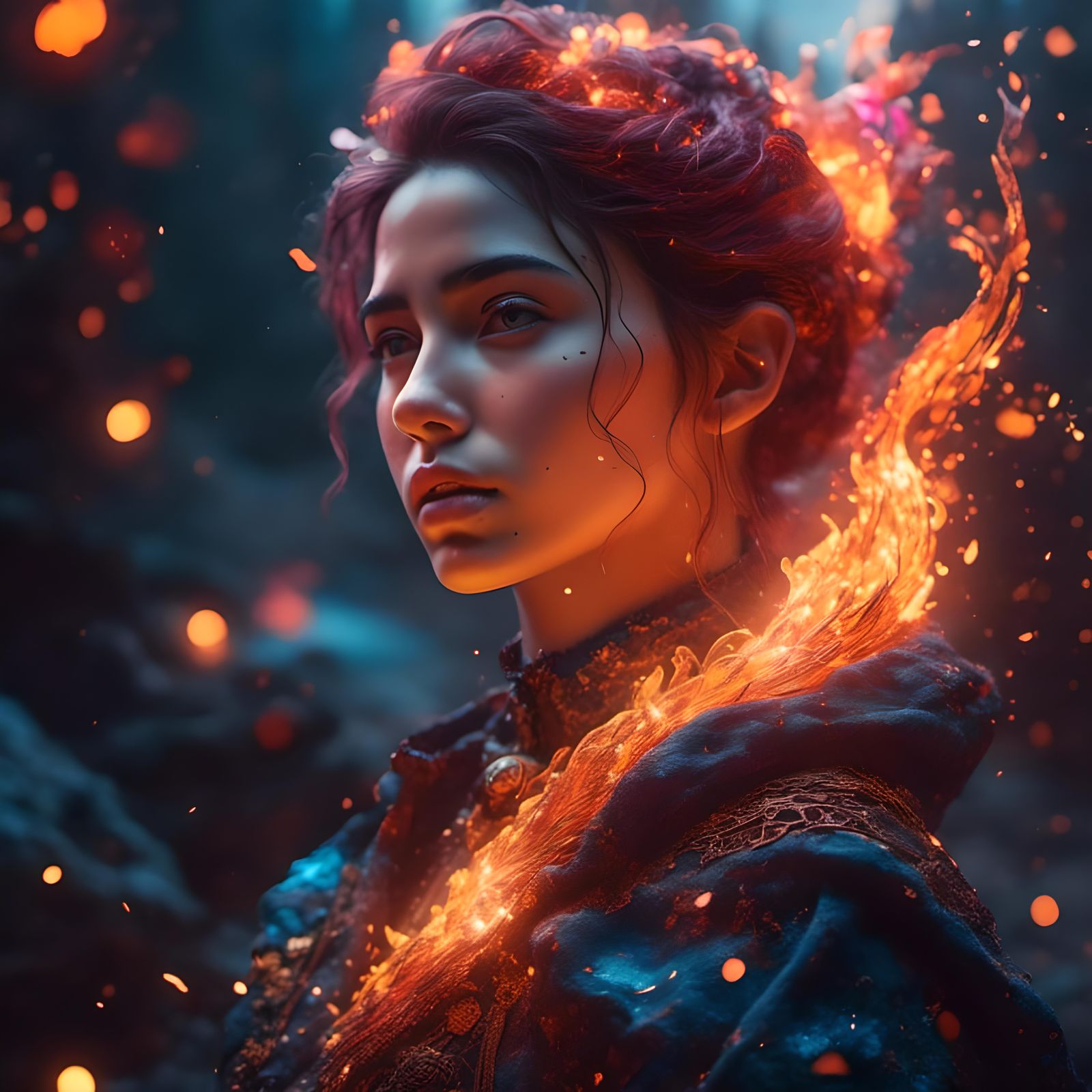 Anime Girl with Fire Powers in Art Nouveau Style