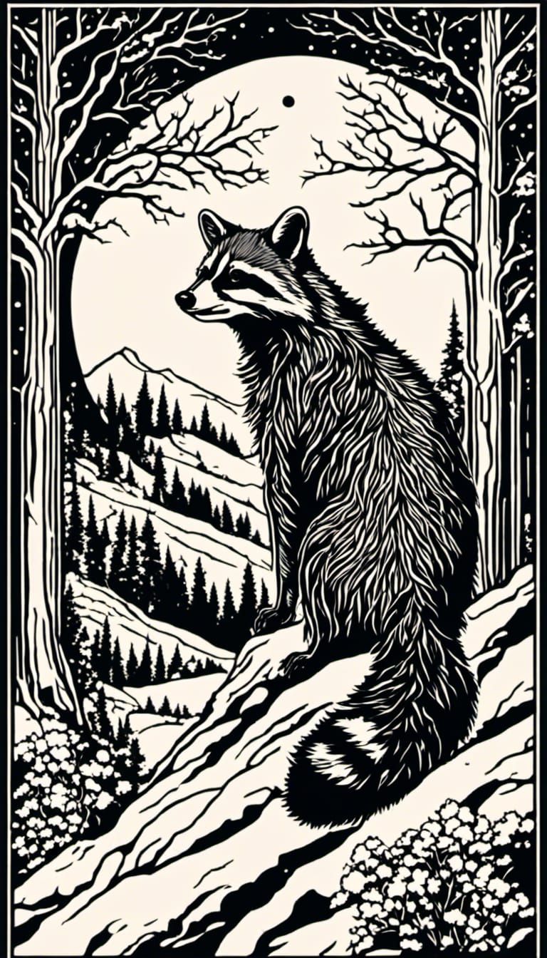 Winter Landscape Mural in Alphonse Mucha Woodcut Style