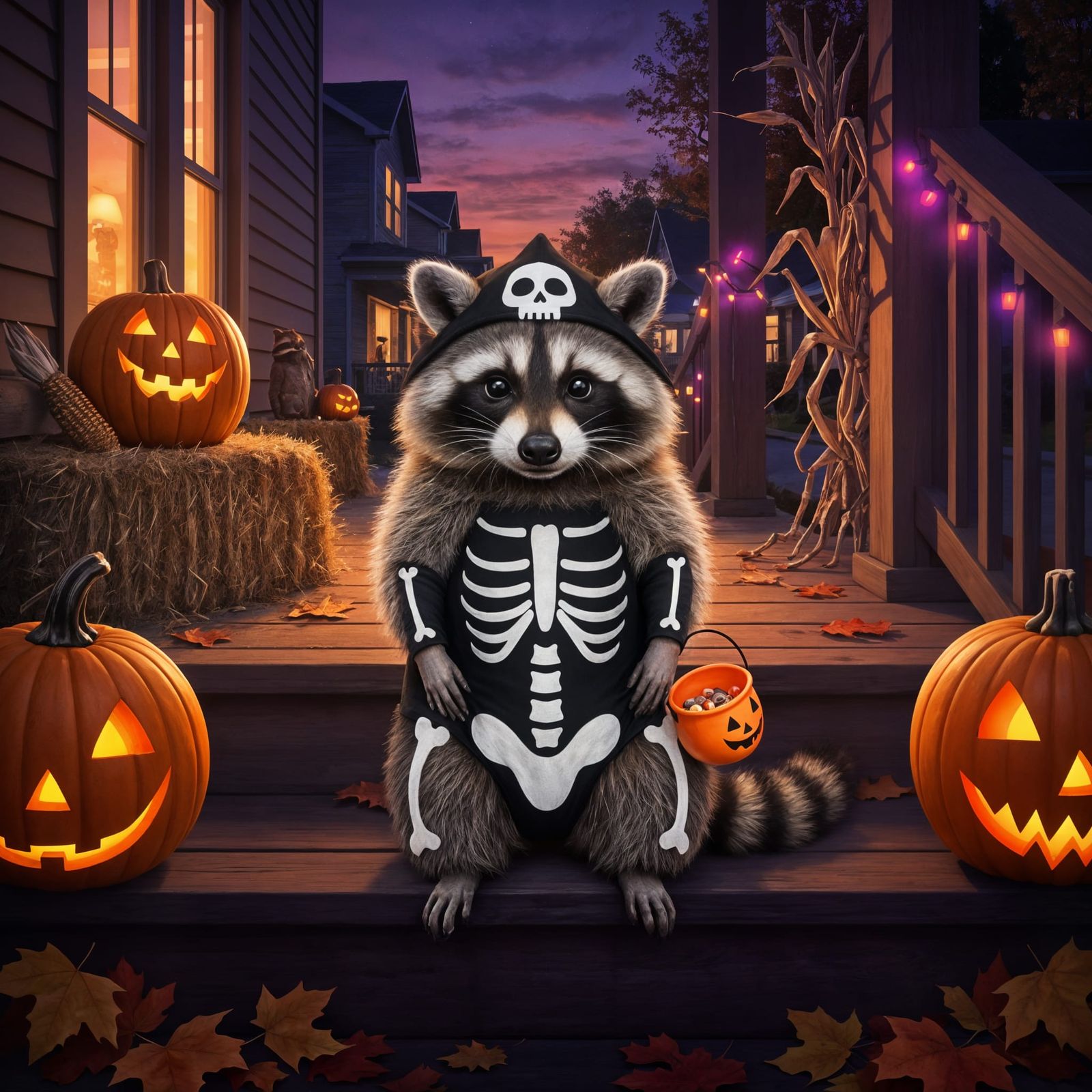 Adorable Raccoon in Skeleton Costume on Halloween Porch