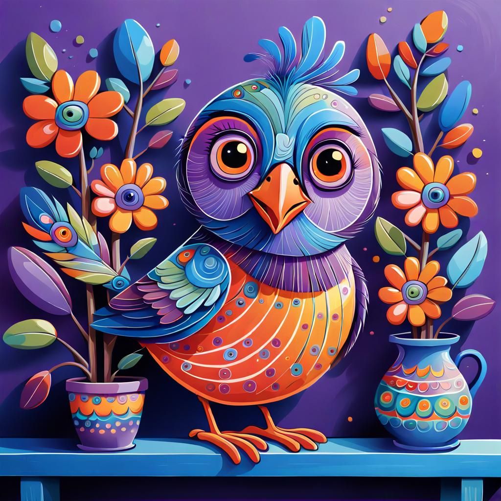 Whimsical Cartoon Bird in Watercolor Style