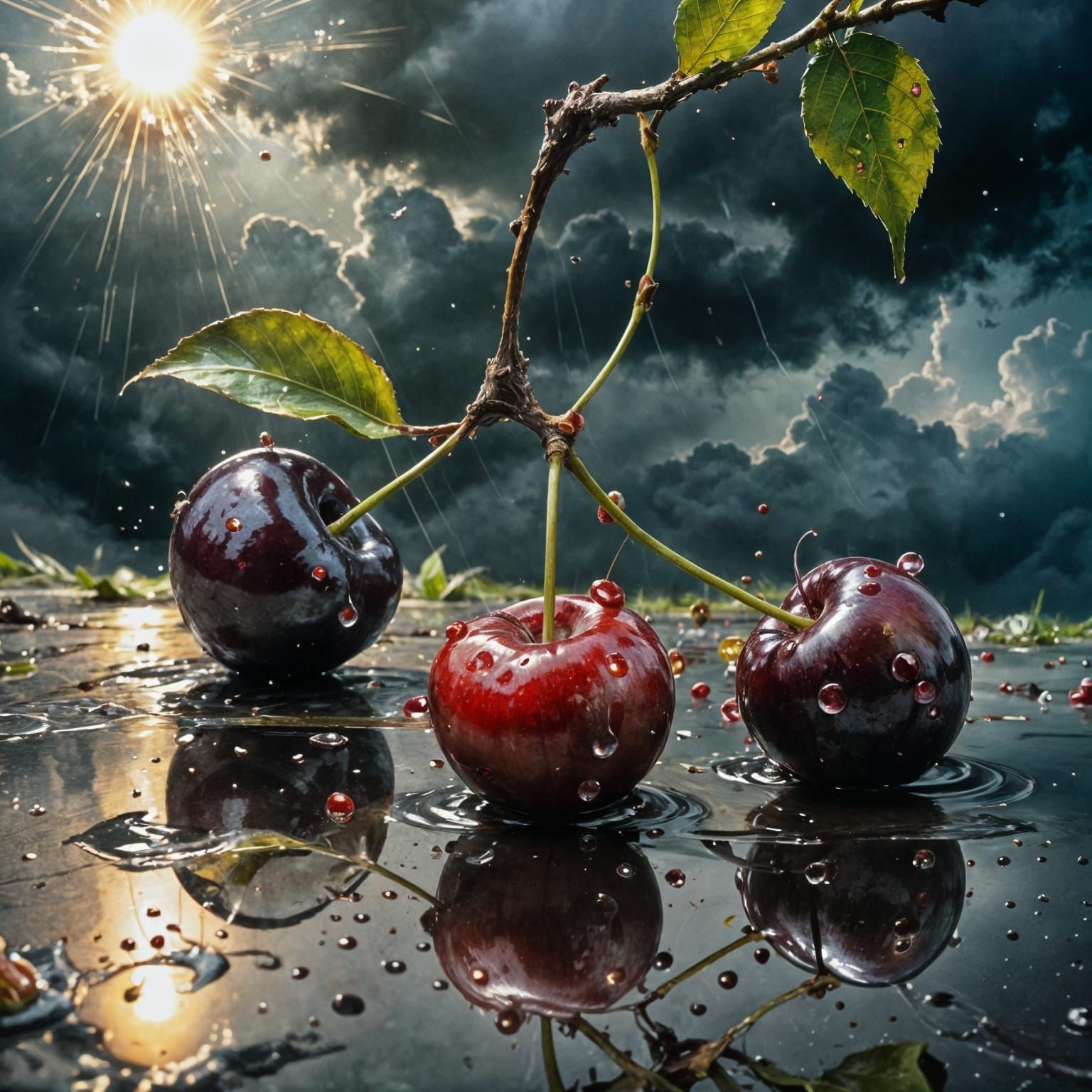 Cherry Fruit in Splashy Watercolour with God Rays
