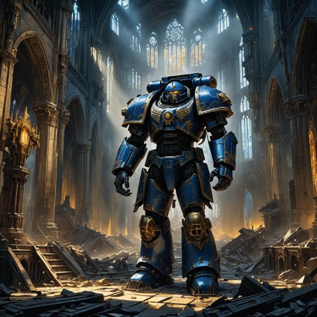 Gothic Sci-Fi Dreadnought in Ruined Cathedral